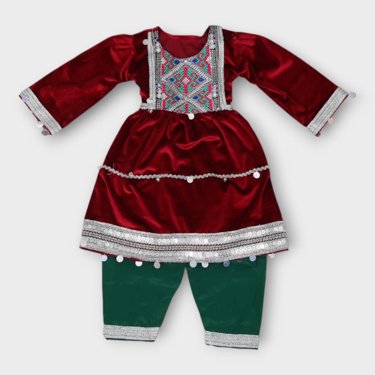 Maroon Velvet Afghani Kids Dress with Embroidery and Coin Trim 3