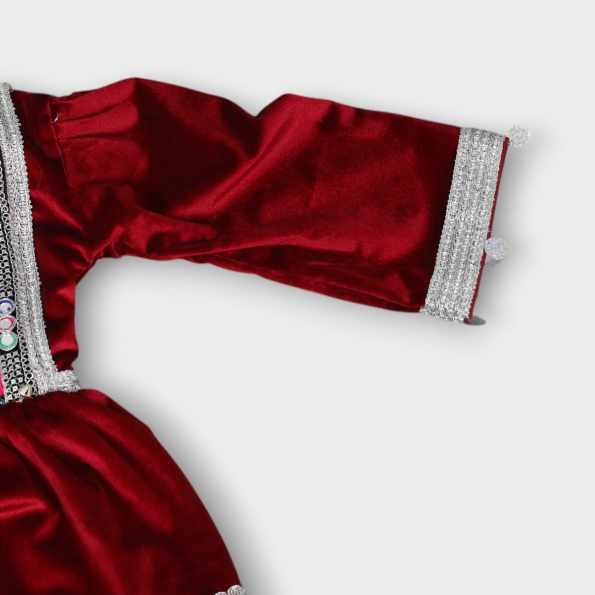 Maroon Velvet Afghani Kids Dress with Embroidery and Coin Trim 1