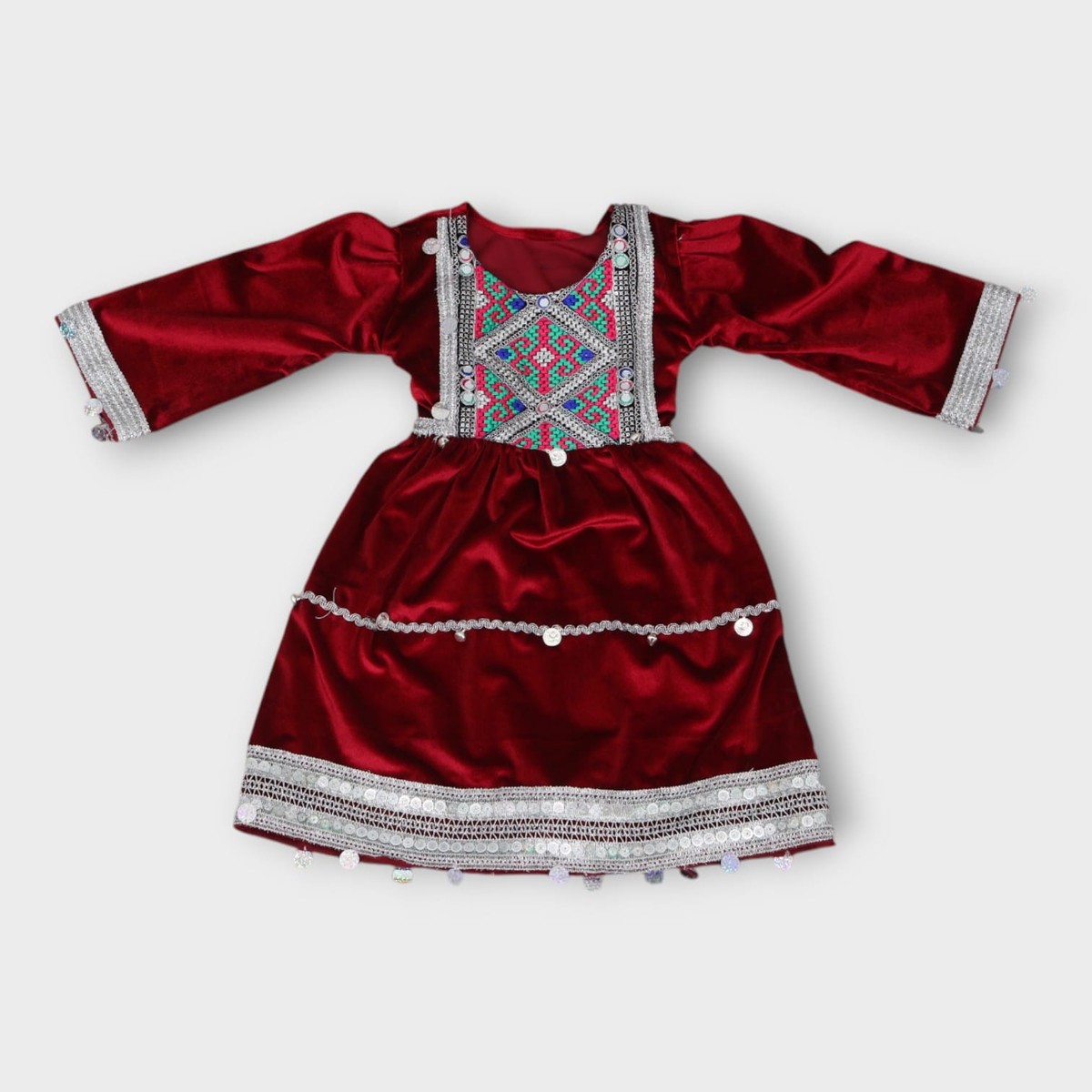 Maroon Velvet Afghani Kids Dress with Embroidery and Coin Trim 2