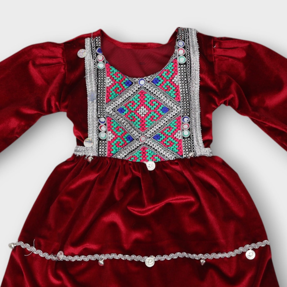 Maroon Velvet Afghani Kids Dress with Embroidery and Coin Trim 4