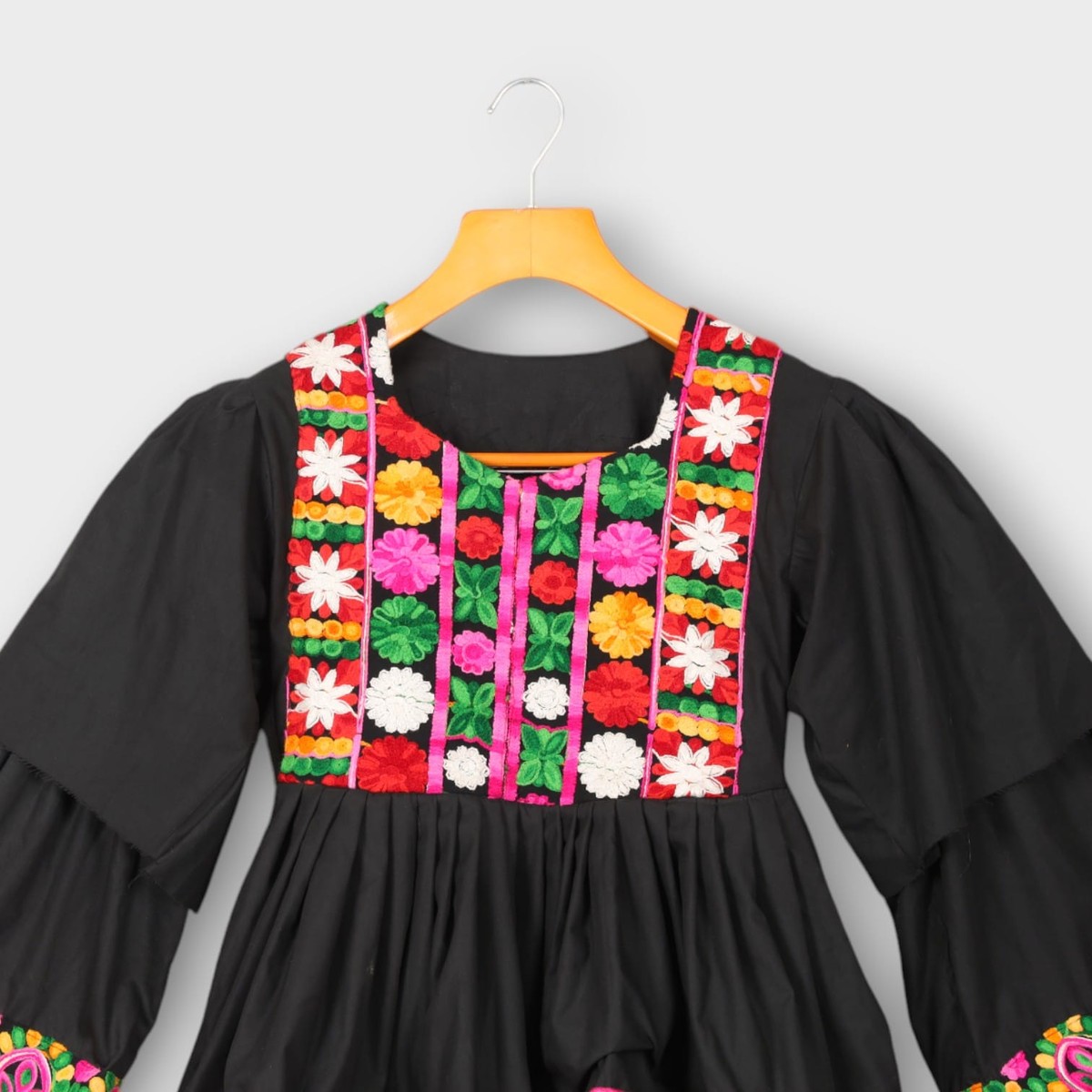 Black Afghani Kids Dress with Multicolor Floral Embroidery 1