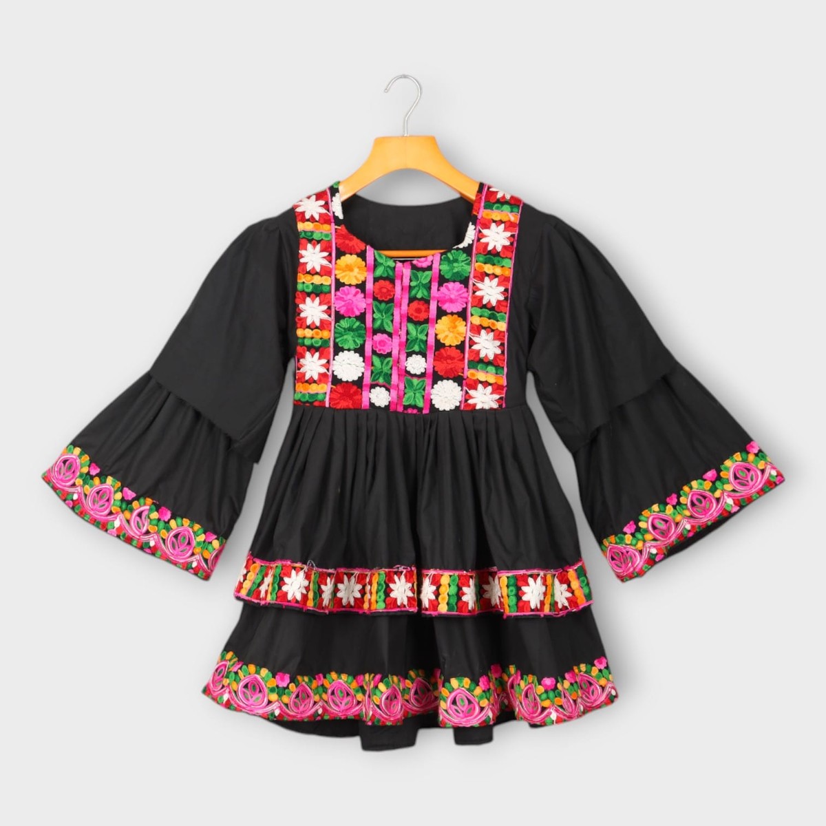 Black Afghani Kids Dress with Multicolor Floral Embroidery 3