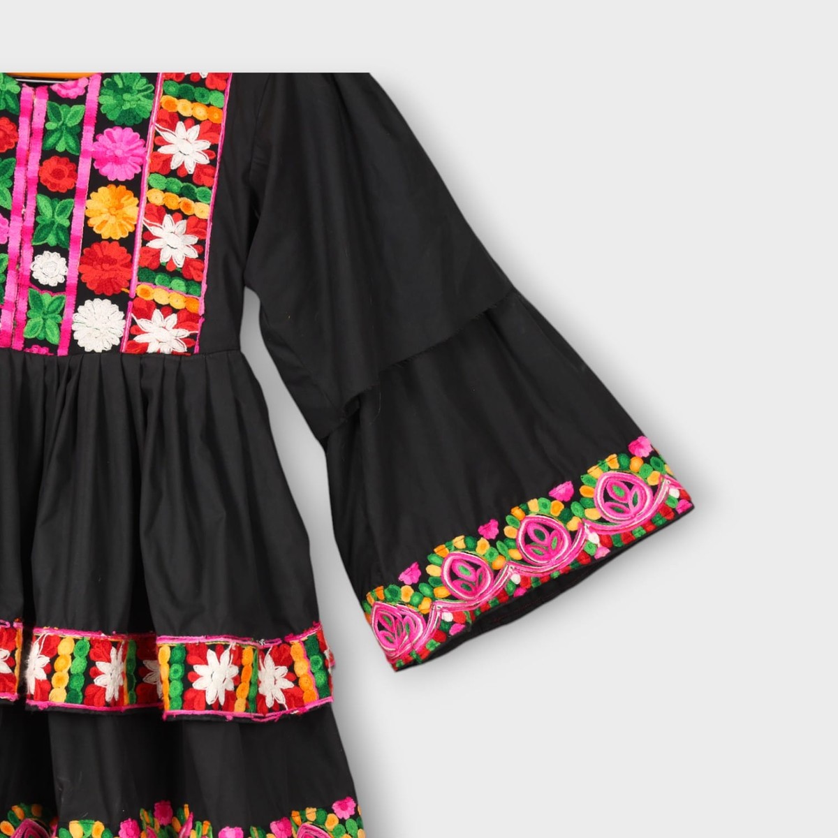 Black Afghani Kids Dress with Multicolor Floral Embroidery 2