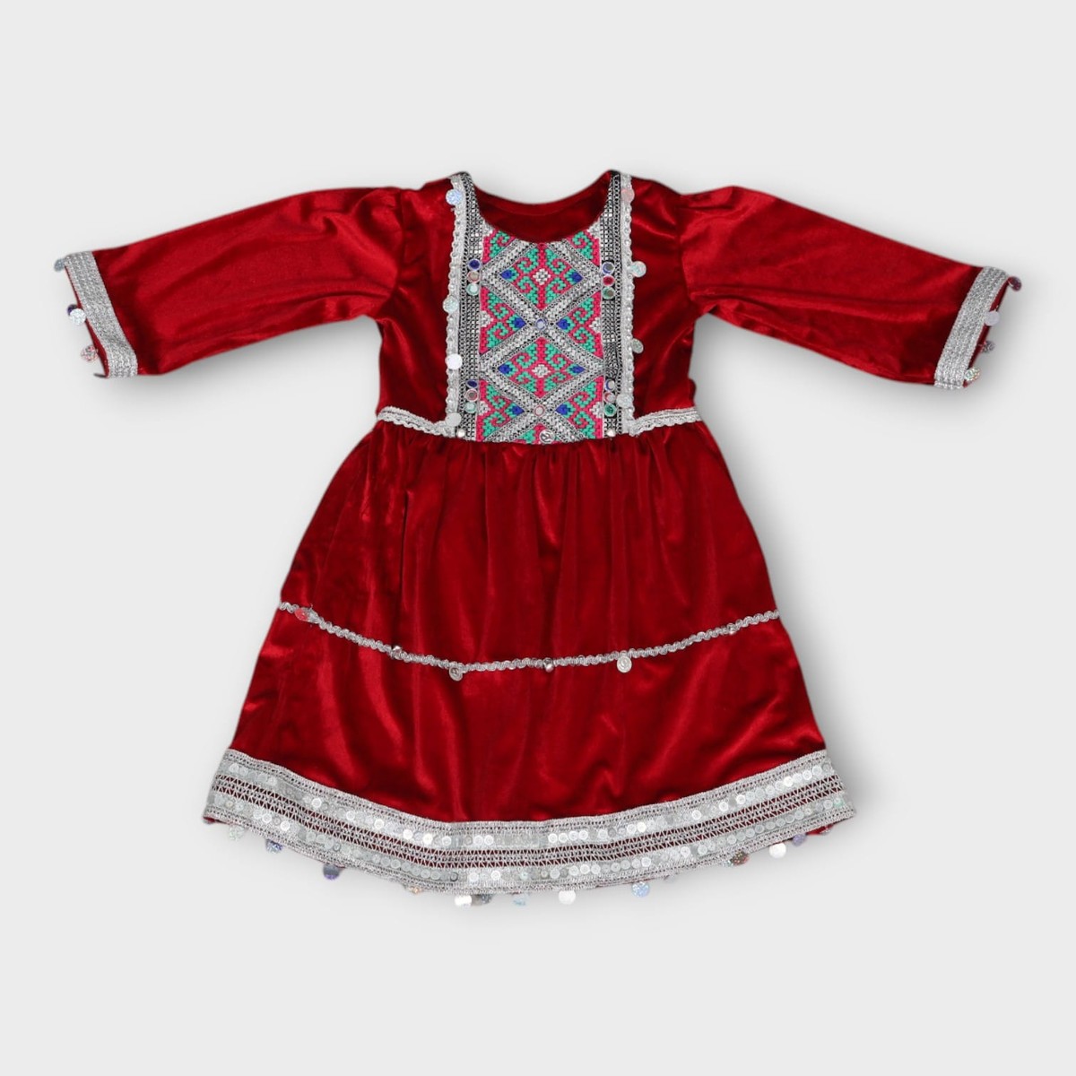 Red Velvet Afghani Kids Dress with Green Trousers and Silver Embroidery 2