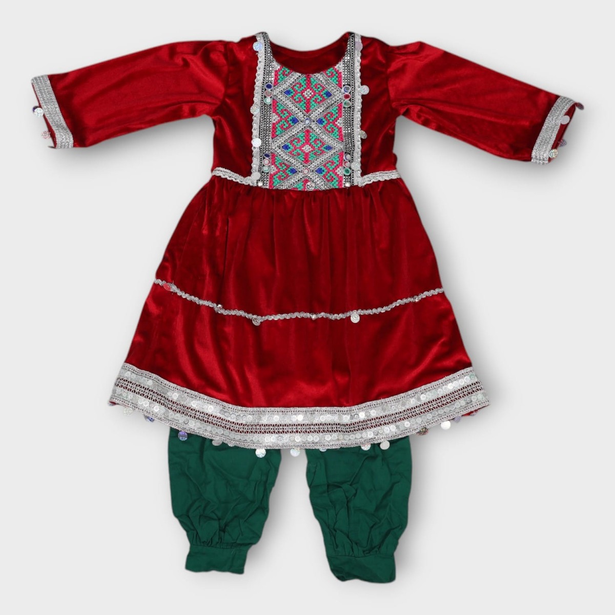 Red Velvet Afghani Kids Dress with Green Trousers and Silver Embroidery 1