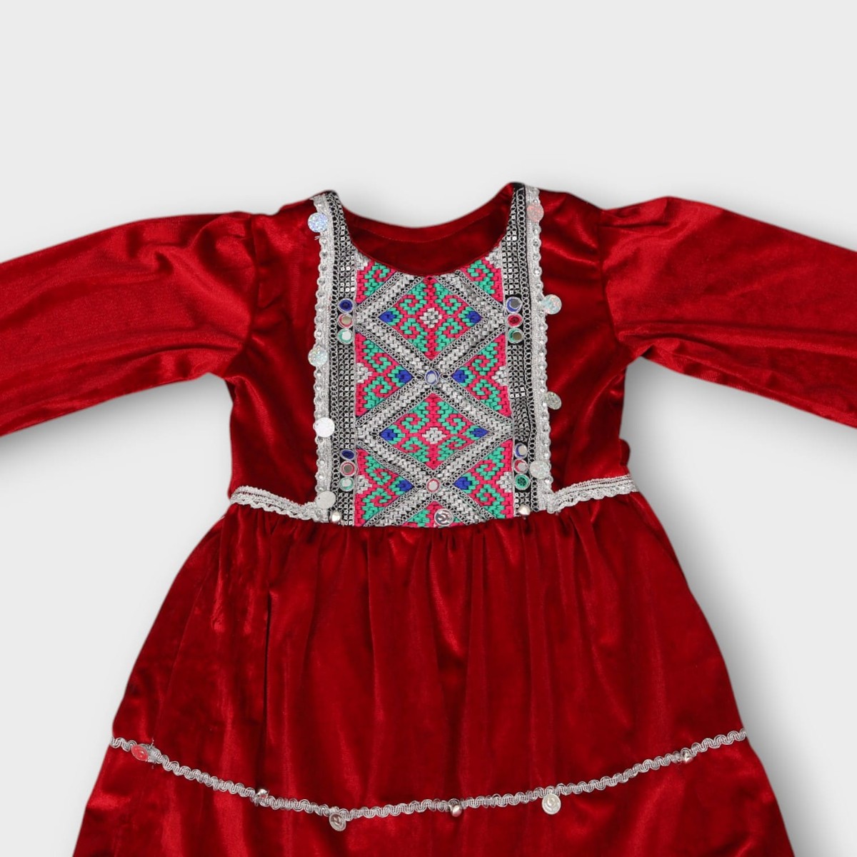 Red Velvet Afghani Kids Dress with Green Trousers and Silver Embroidery 3