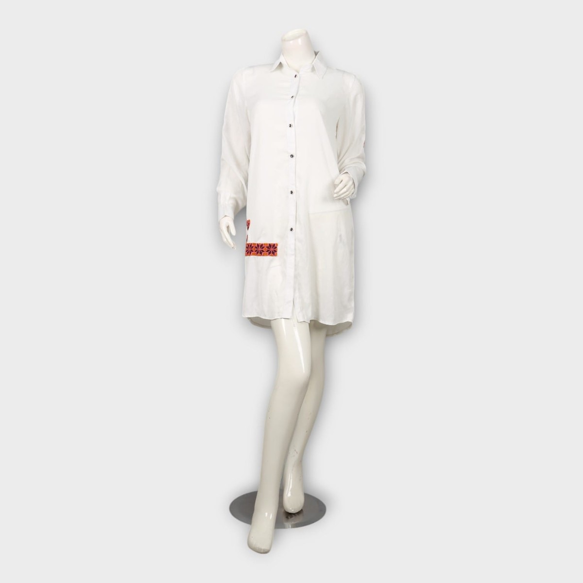 White Shirt Dress with Traditional Embroidery Patch 1