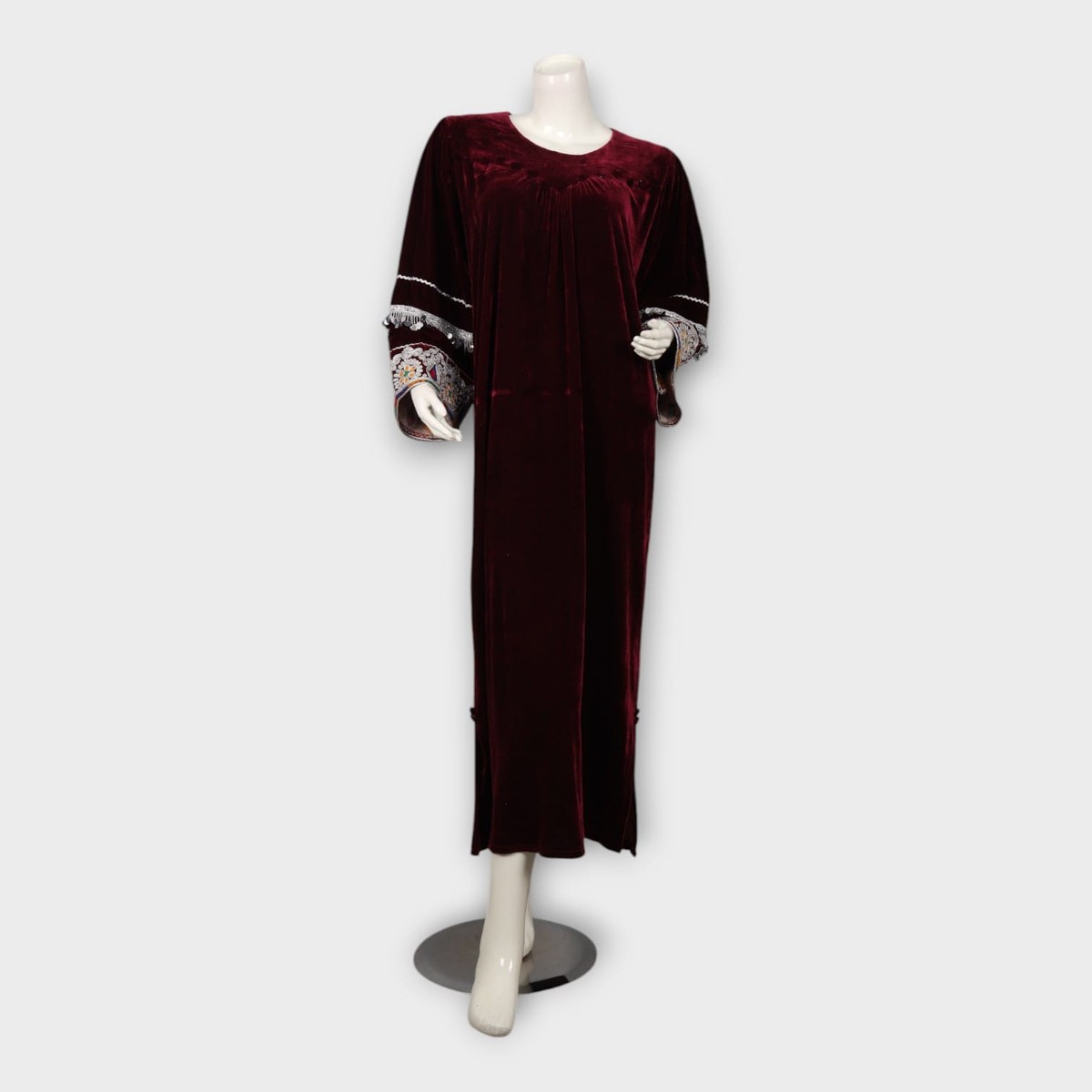 Maroon Velvet Afghani Dress with Embroidered Sleeves and Colorful Dupatta 7