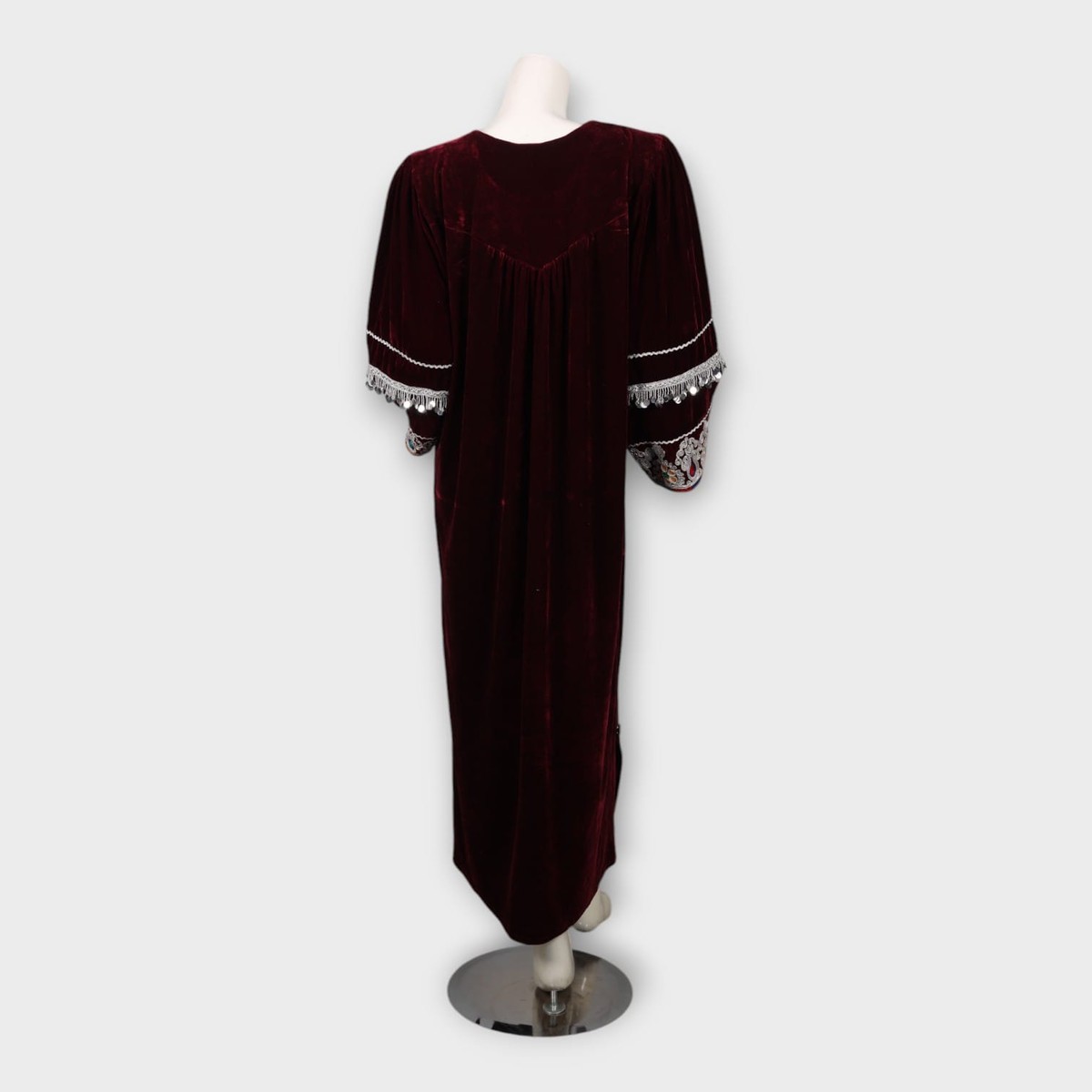 Maroon Velvet Afghani Dress with Embroidered Sleeves and Colorful Dupatta 1