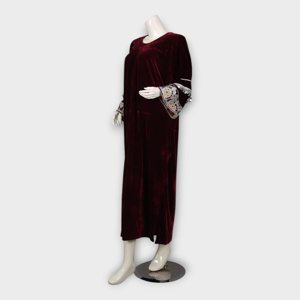 Maroon Velvet Afghani Dress with Embroidered Sleeves and Colorful Dupatta 4