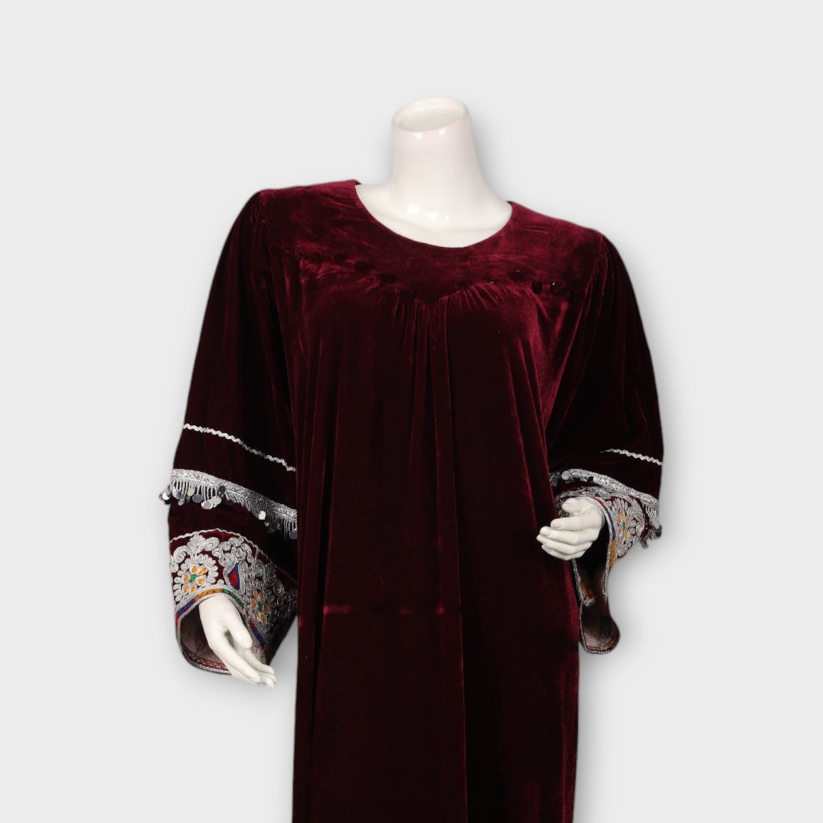 Maroon Velvet Afghani Dress with Embroidered Sleeves and Colorful Dupatta 2