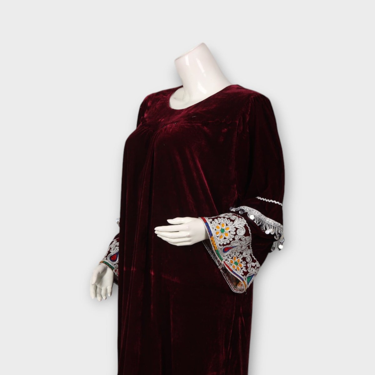 Maroon Velvet Afghani Dress with Embroidered Sleeves and Colorful Dupatta 5