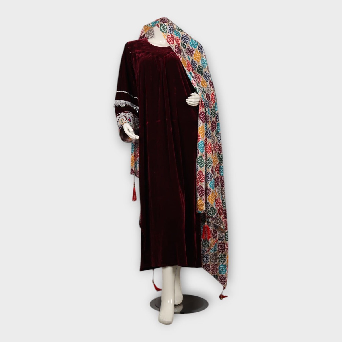 Maroon Velvet Afghani Dress with Embroidered Sleeves and Colorful Dupatta 3