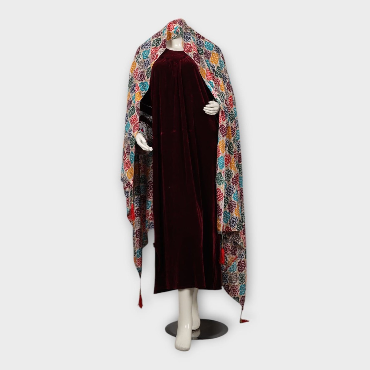 Maroon Velvet Afghani Dress with Embroidered Sleeves and Colorful Dupatta 6