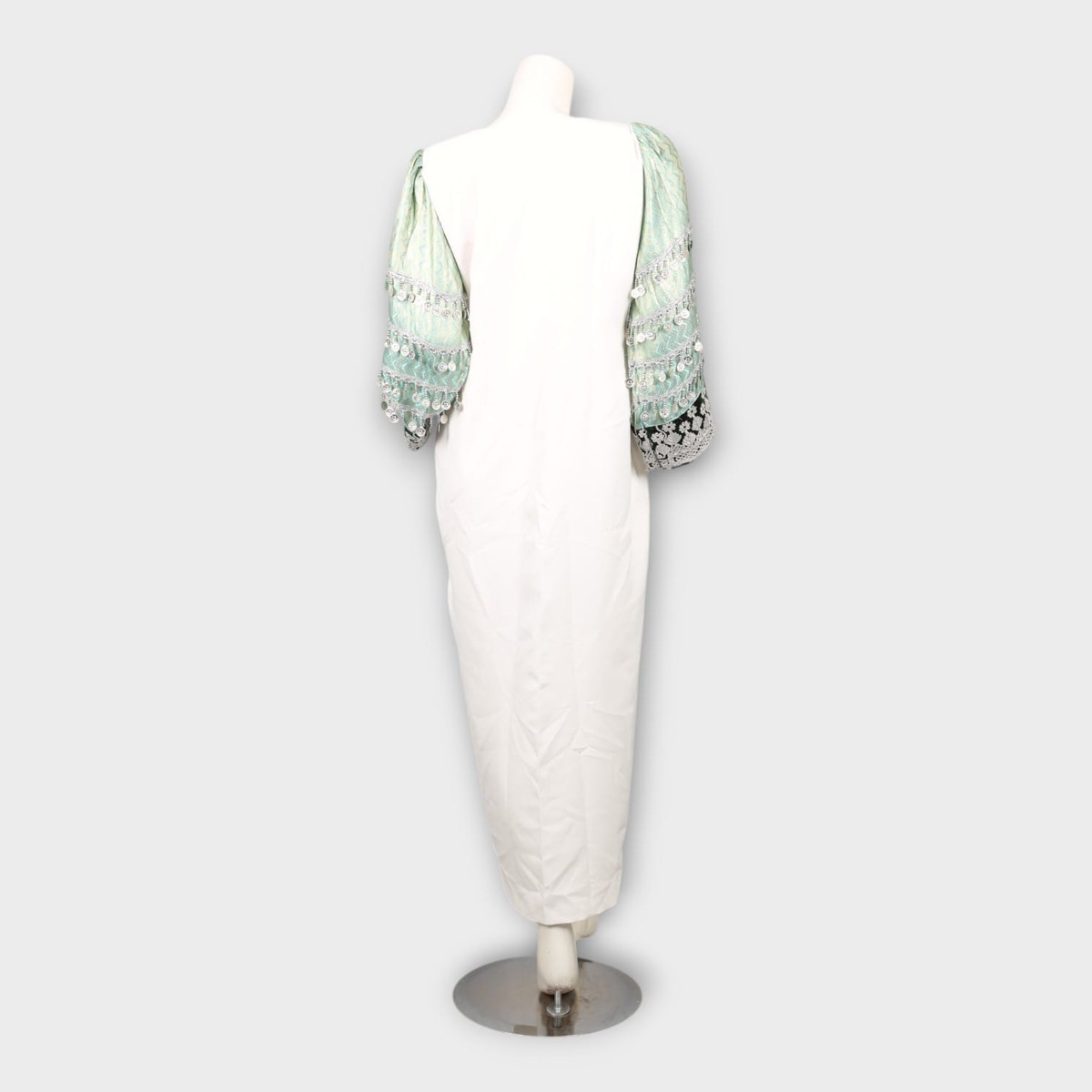 White Long Dress with Embroidered Green Sleeves and Front Buttons 2