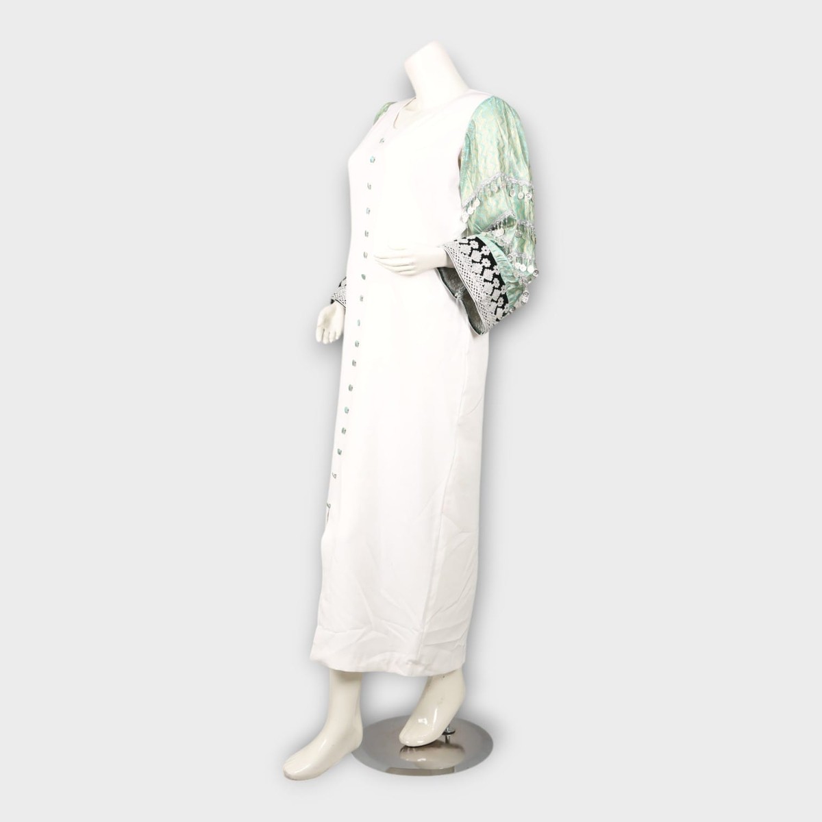 White Long Dress with Embroidered Green Sleeves and Front Buttons 3
