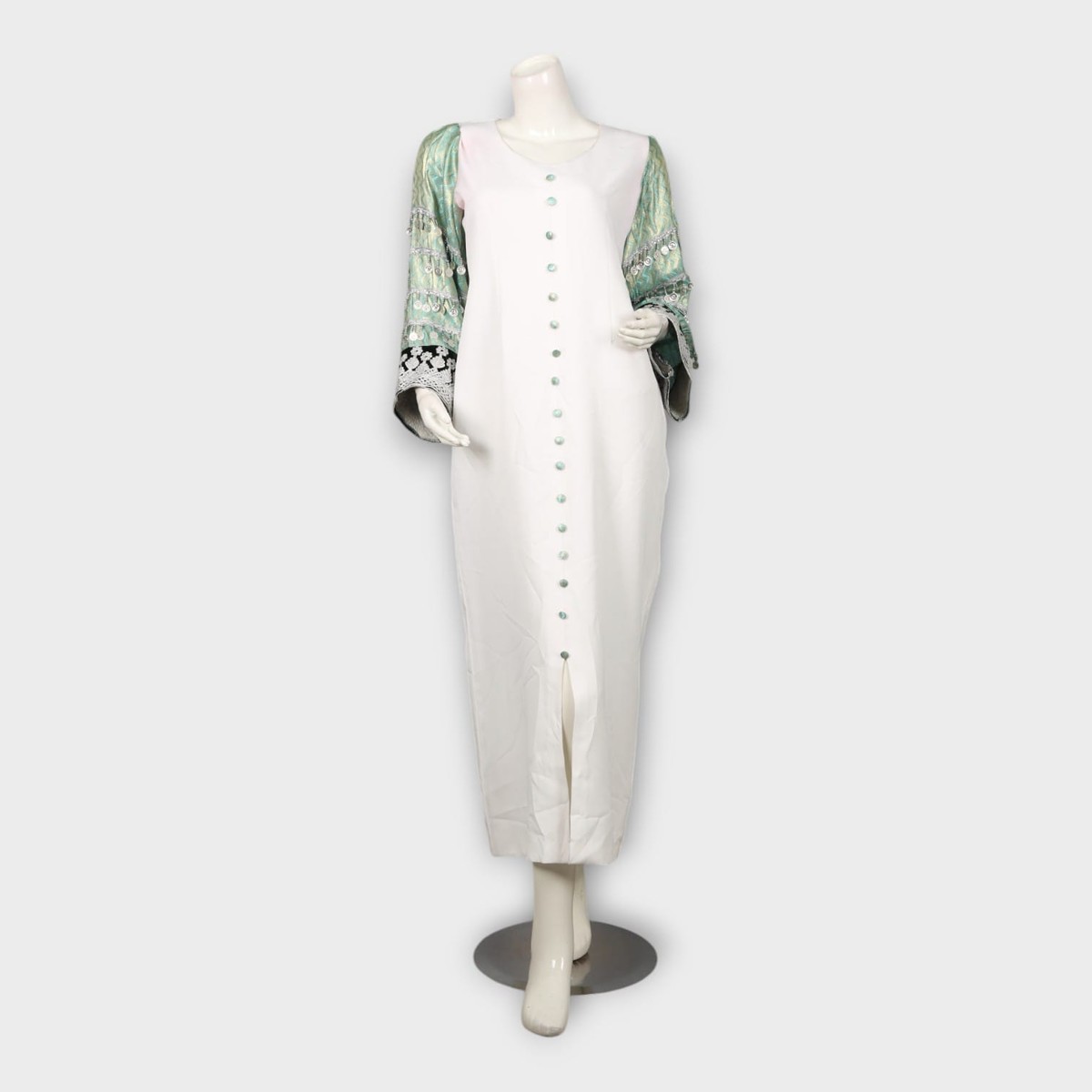 White Long Dress with Embroidered Green Sleeves and Front Buttons 5