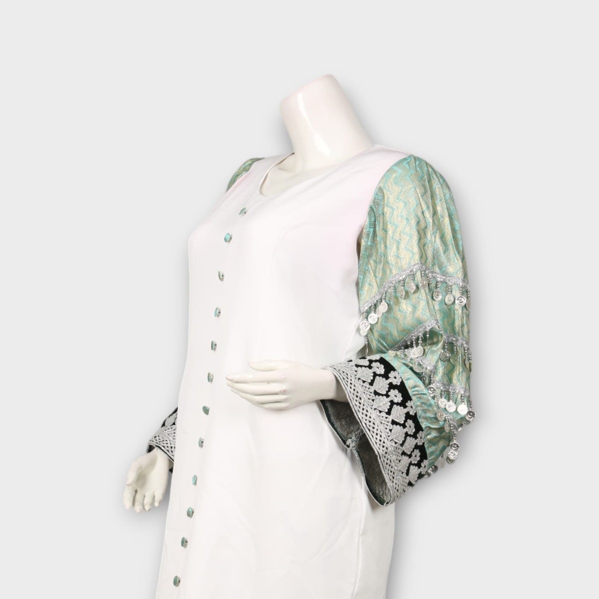 White Long Dress with Embroidered Green Sleeves and Front Buttons 1