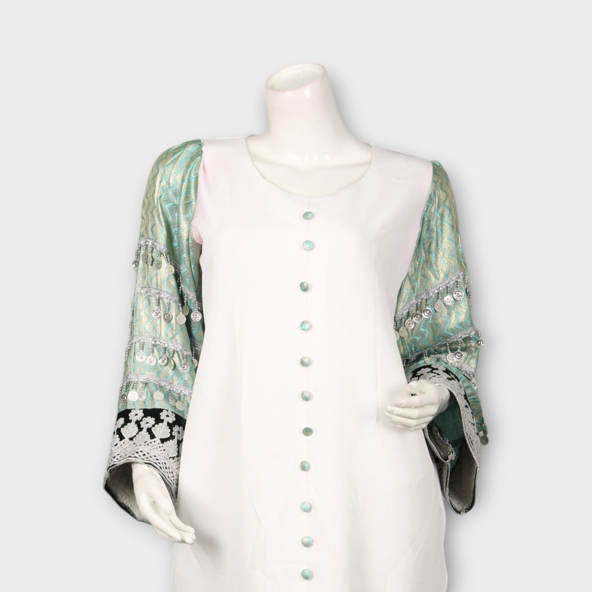 White Long Dress with Embroidered Green Sleeves and Front Buttons 4