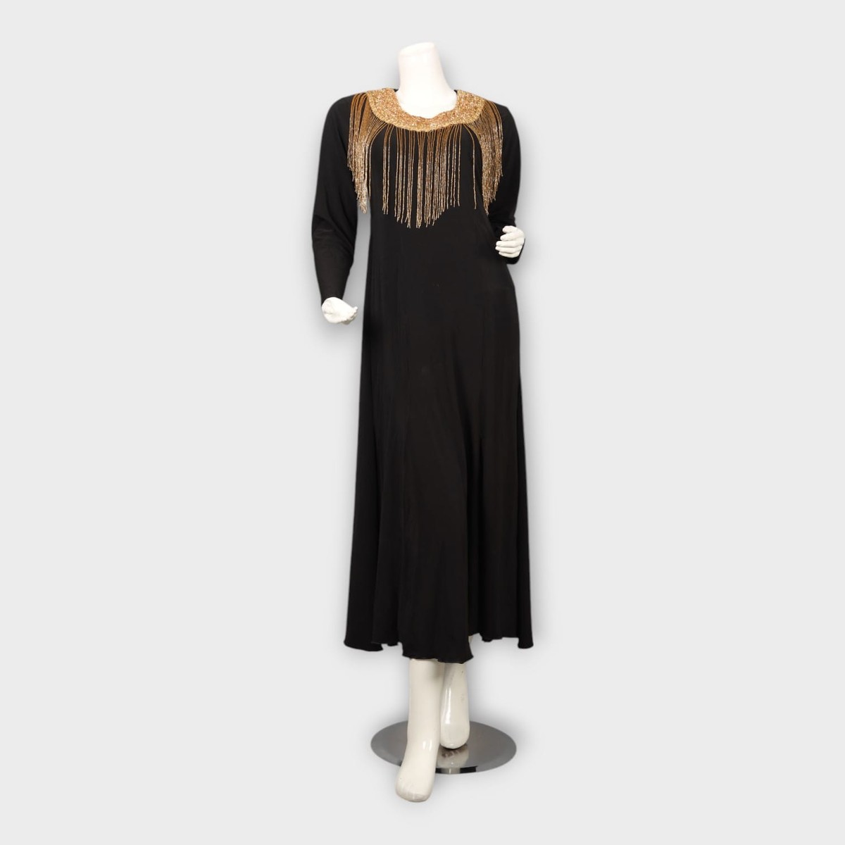 Black Evening Gown with Golden Beaded Fringe Neckline 2