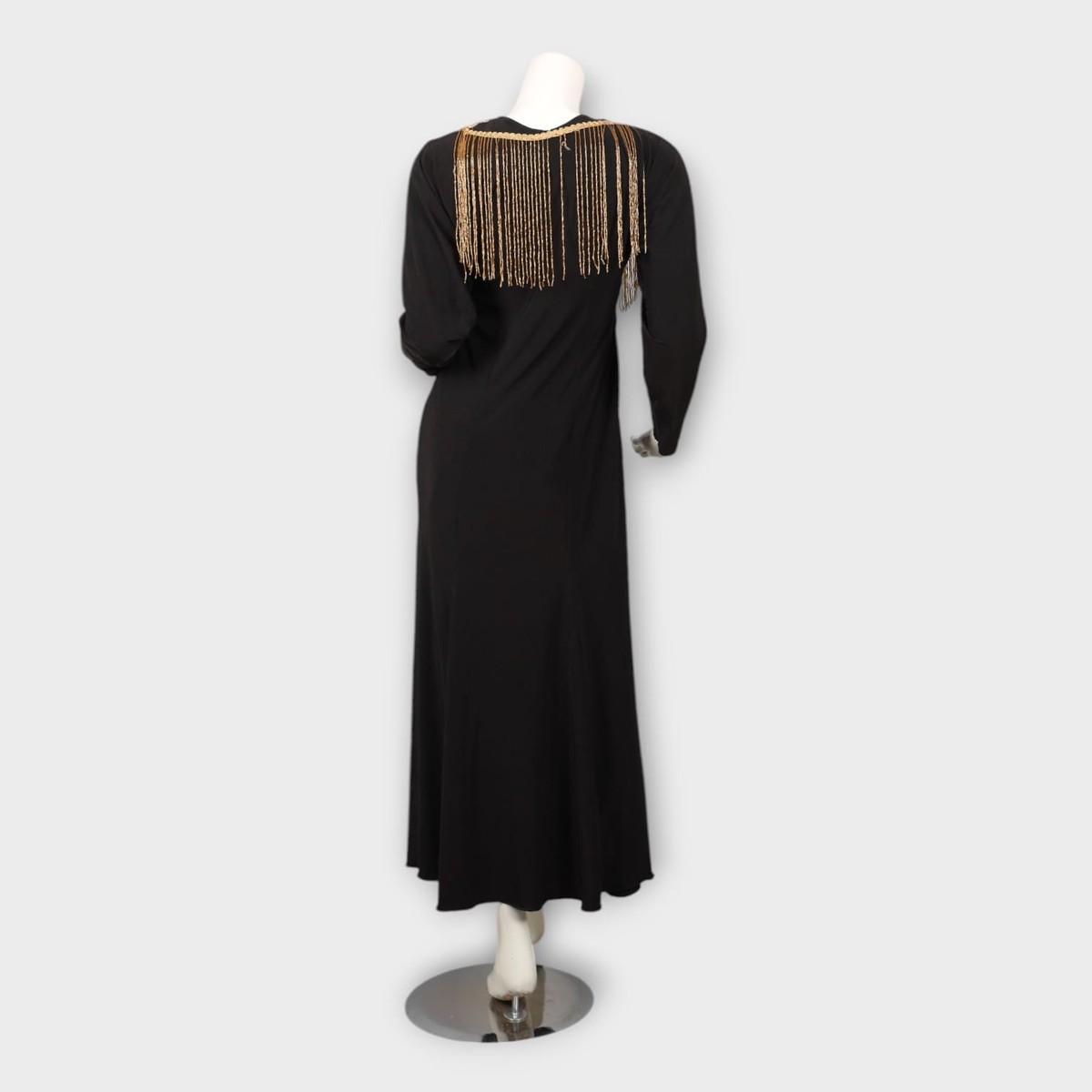 Black Evening Gown with Golden Beaded Fringe Neckline 3