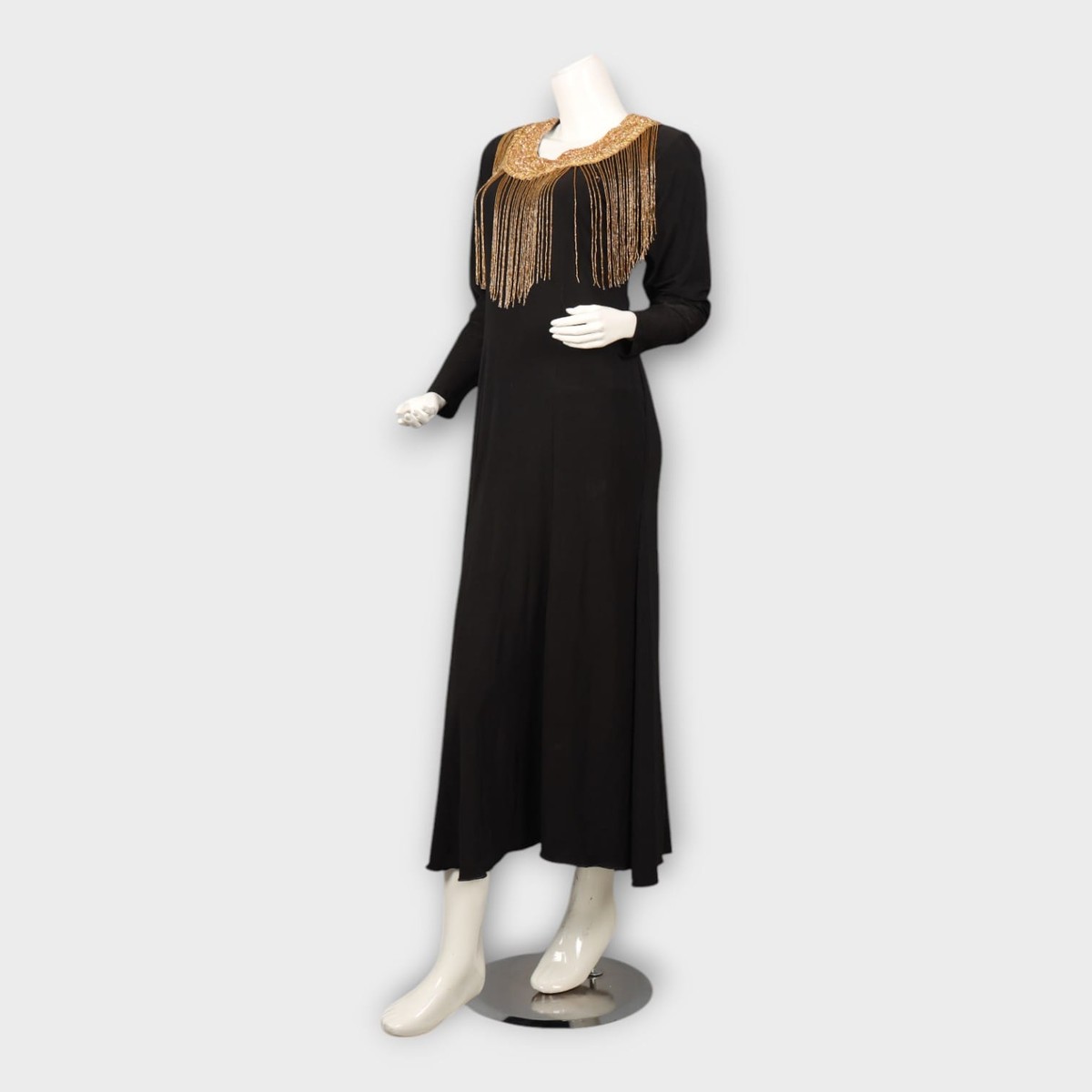 Black Evening Gown with Golden Beaded Fringe Neckline 4