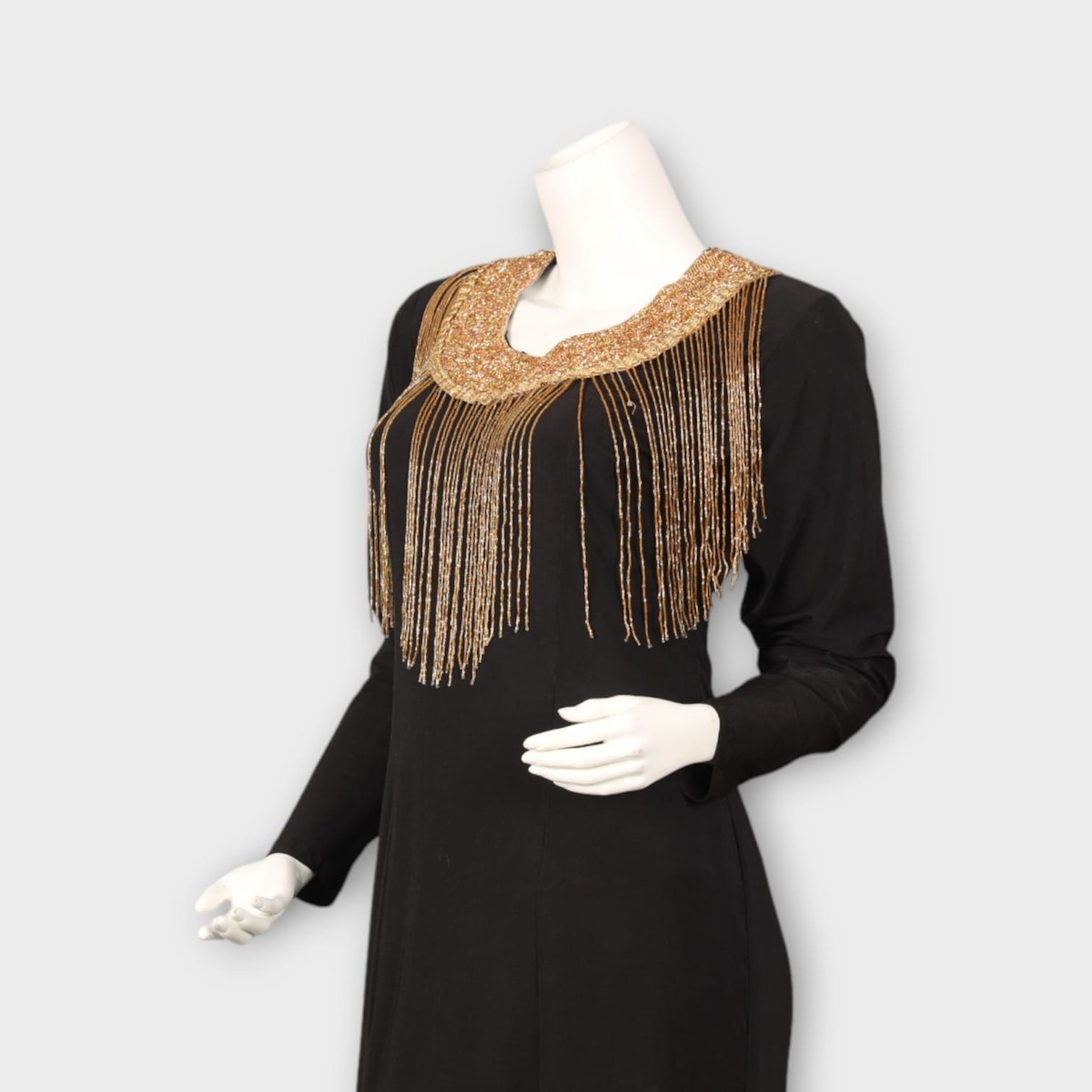 Black Evening Gown with Golden Beaded Fringe Neckline 5