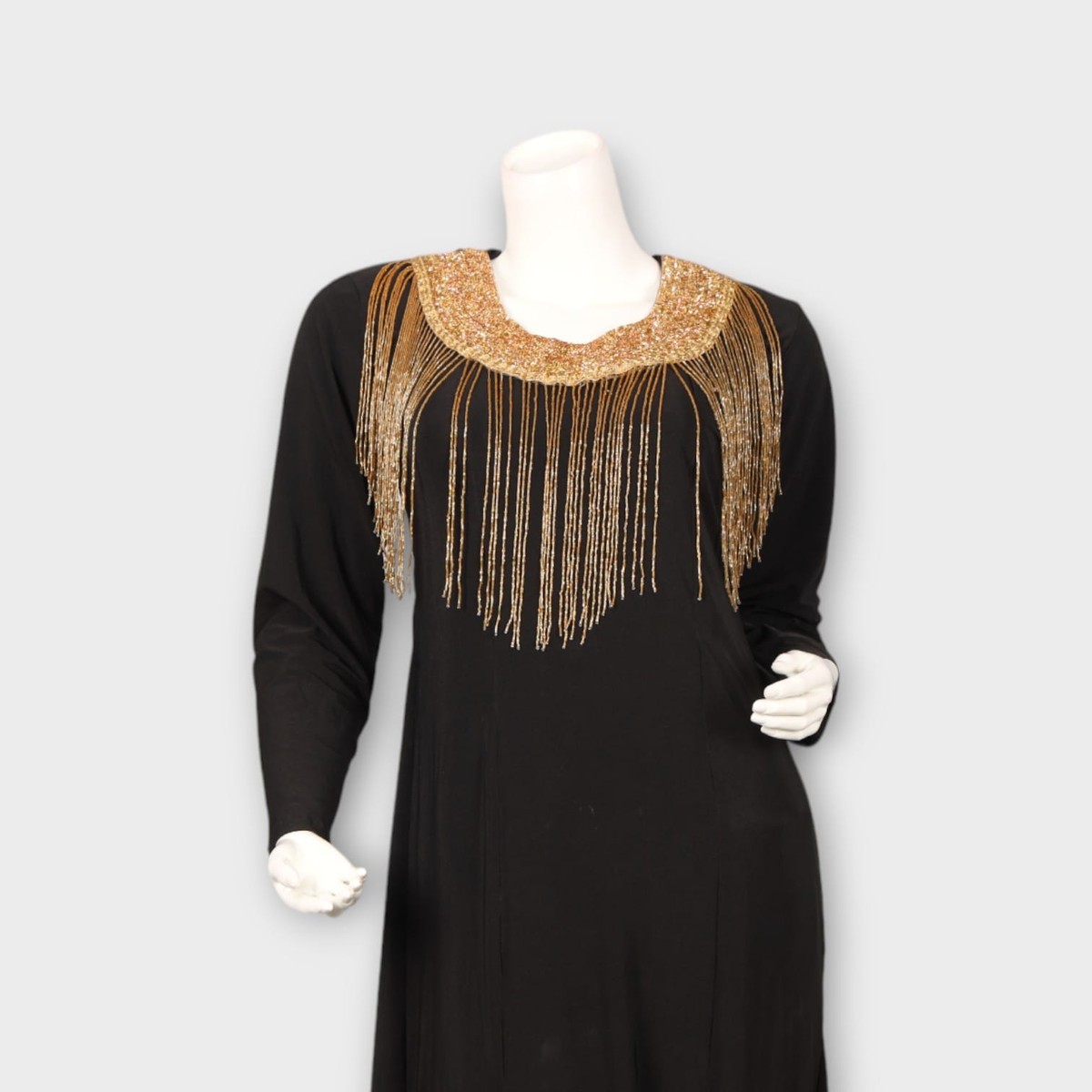 Black Evening Gown with Golden Beaded Fringe Neckline 1