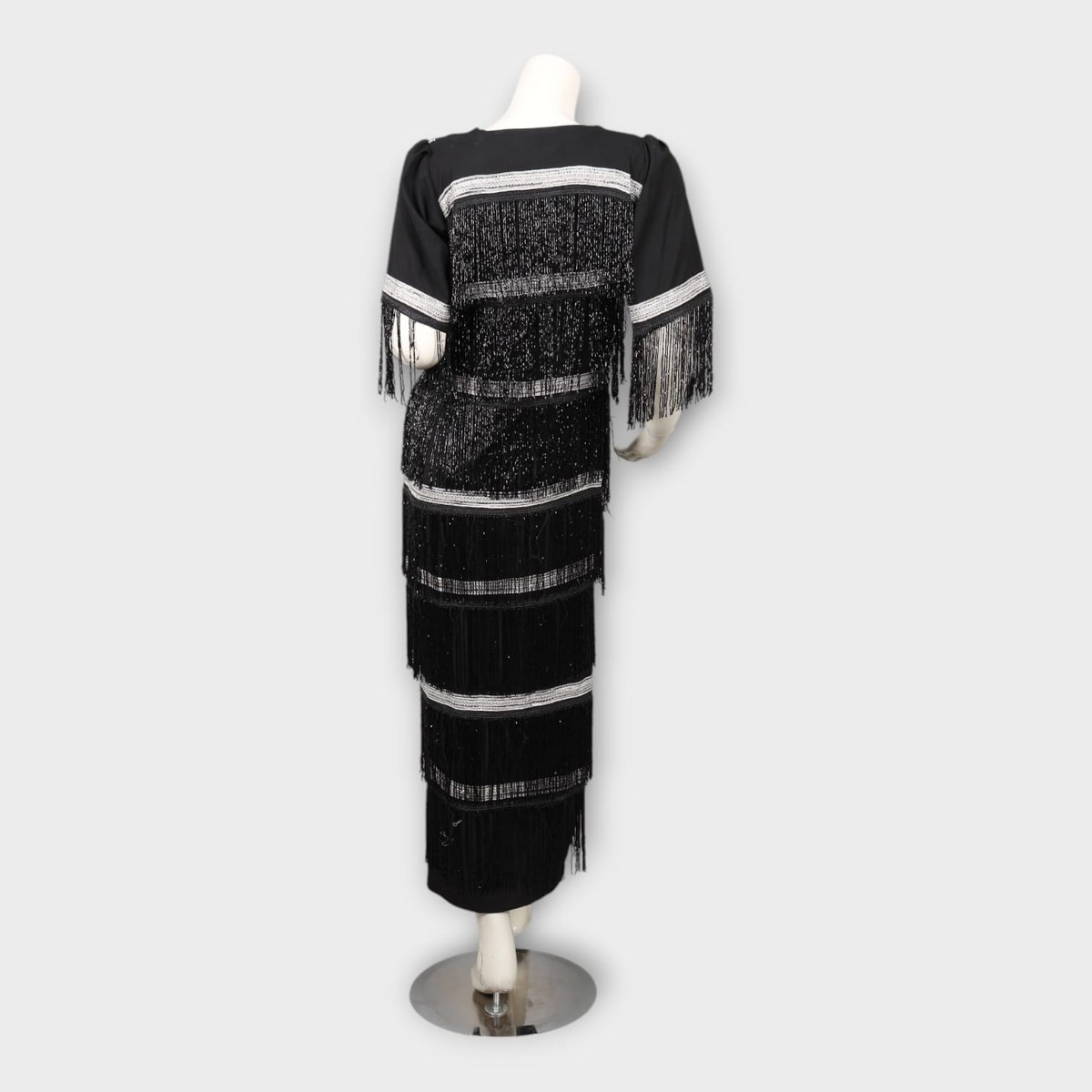 Black Vintage-Inspired Fringe Dress with Silver Beadwork 3
