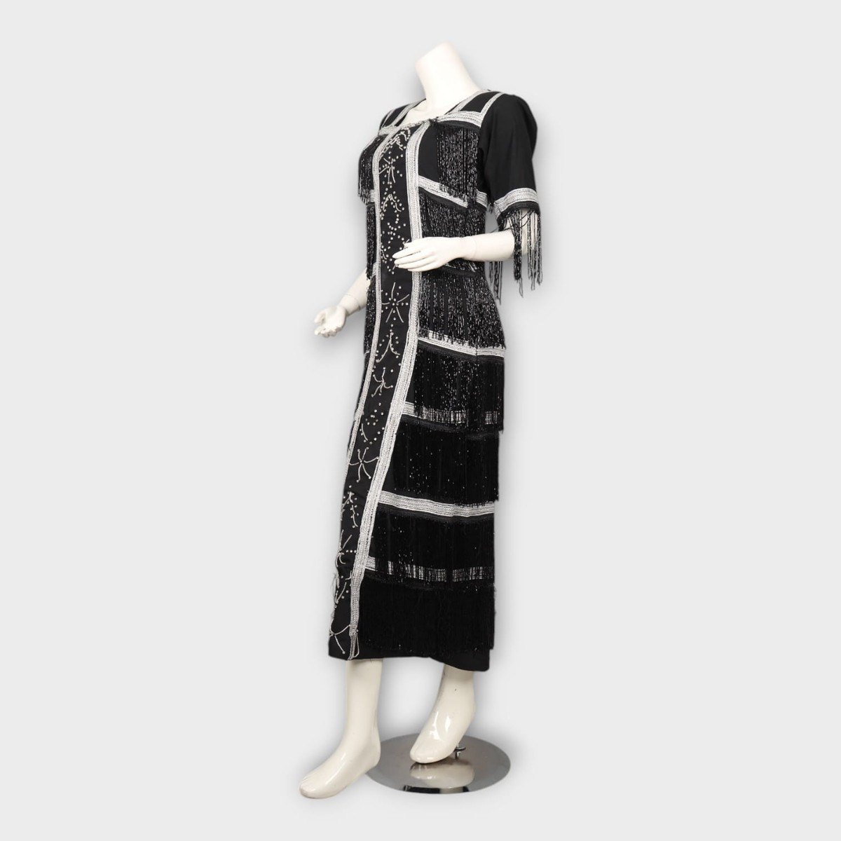 Black Vintage-Inspired Fringe Dress with Silver Beadwork 2