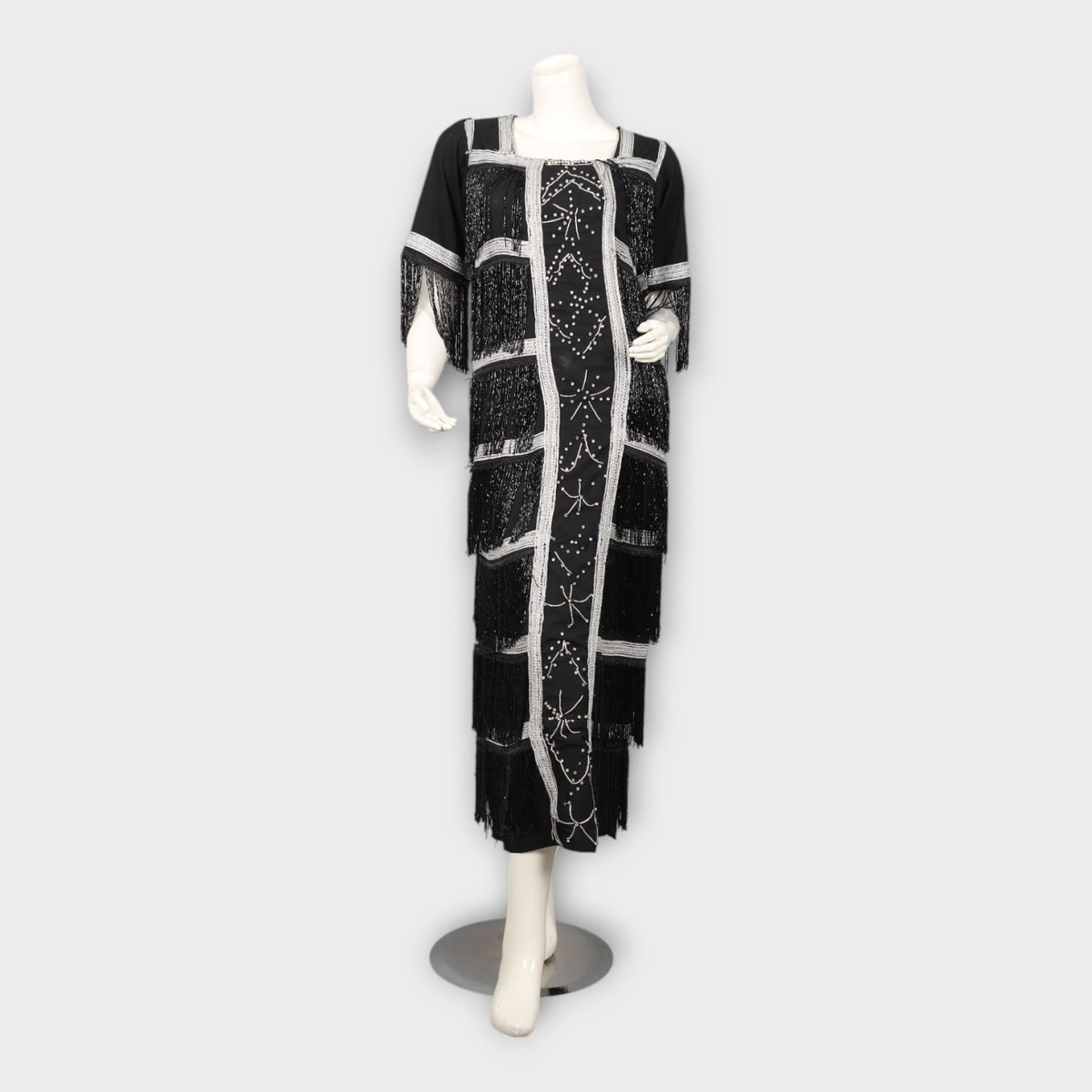 Black Vintage-Inspired Fringe Dress with Silver Beadwork 1