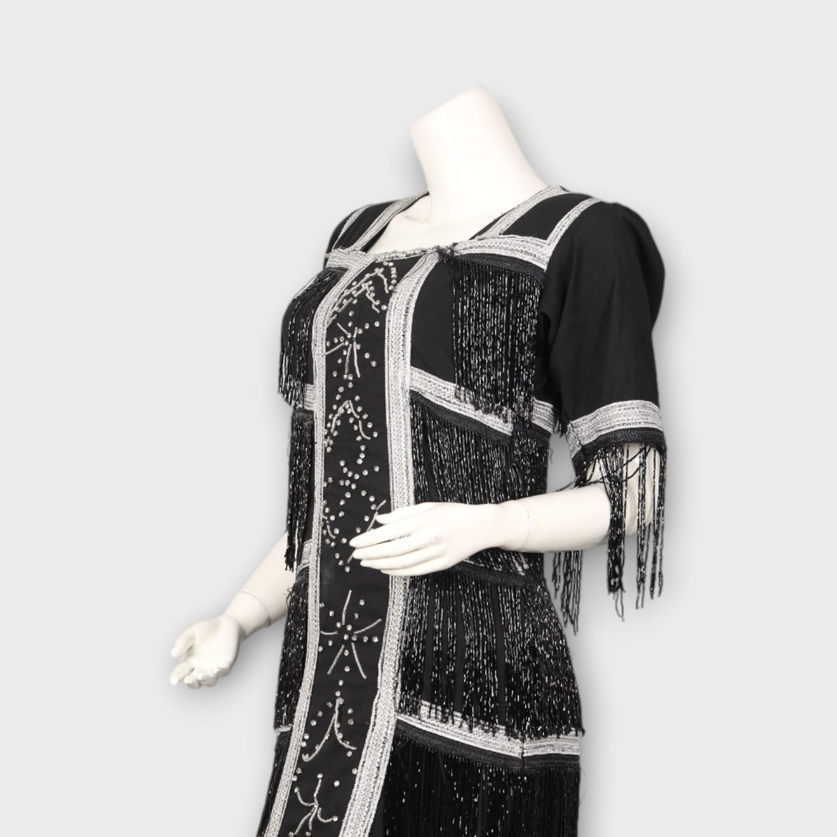 Black Vintage-Inspired Fringe Dress with Silver Beadwork 5