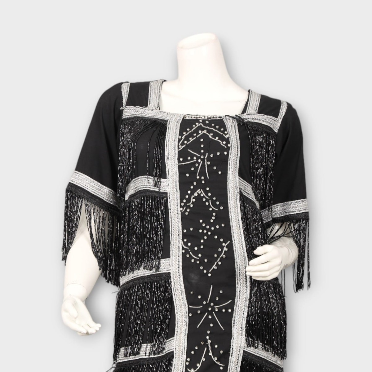 Black Vintage-Inspired Fringe Dress with Silver Beadwork 4