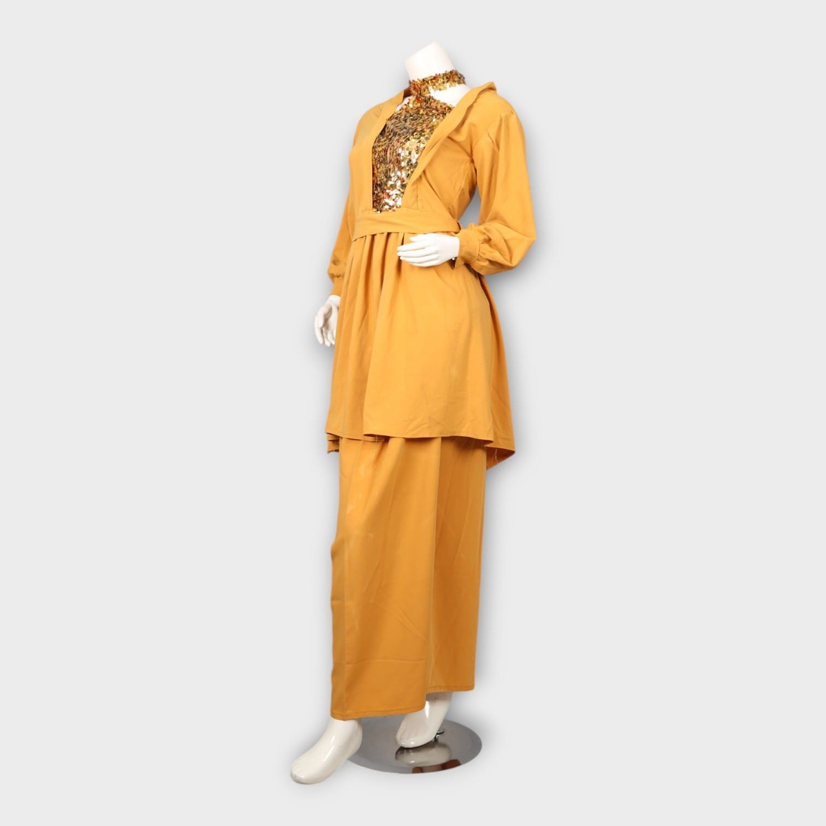 Golden Mustard Two-Piece Outfit with Sequin Embellished Bodice 3