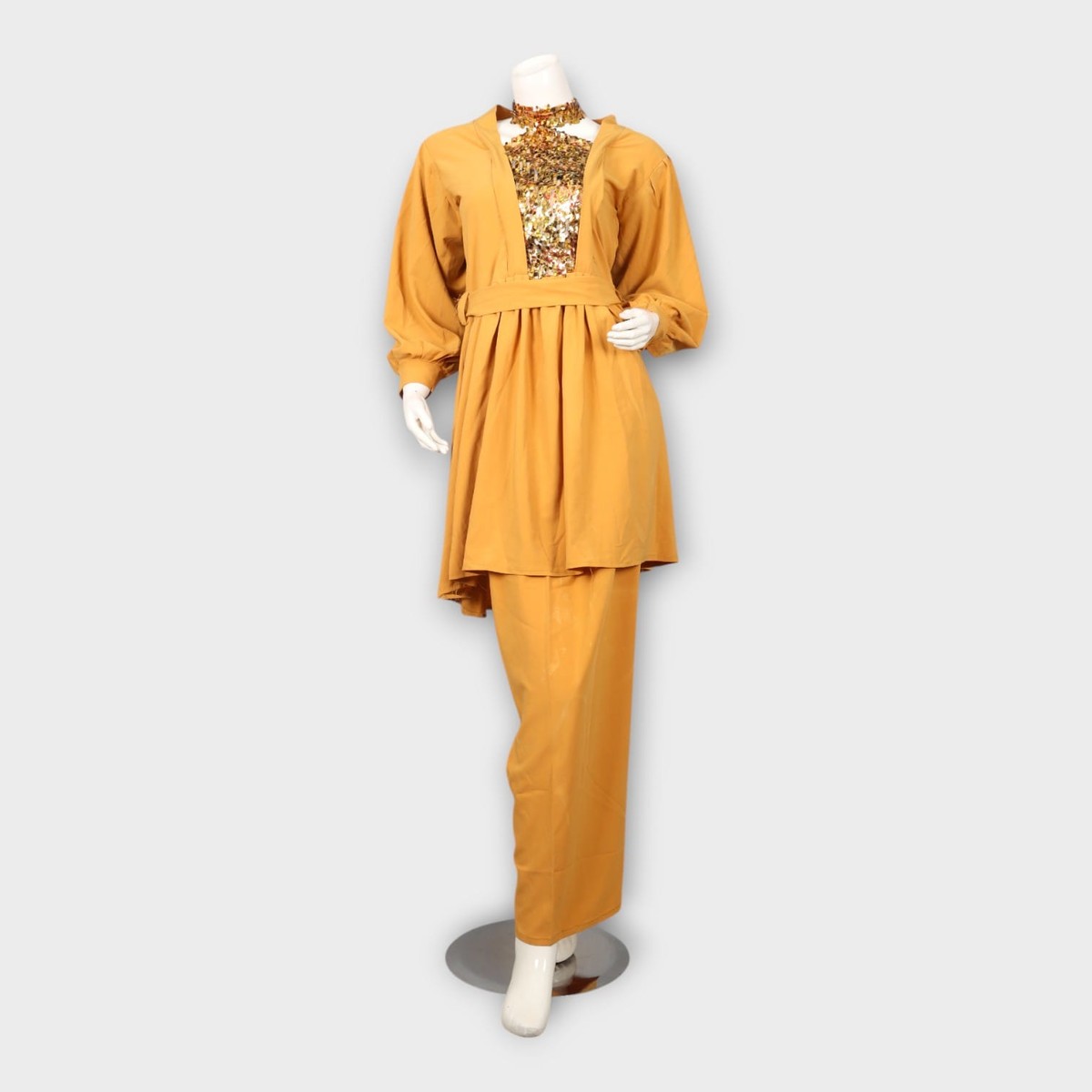 Golden Mustard Two-Piece Outfit with Sequin Embellished Bodice 2