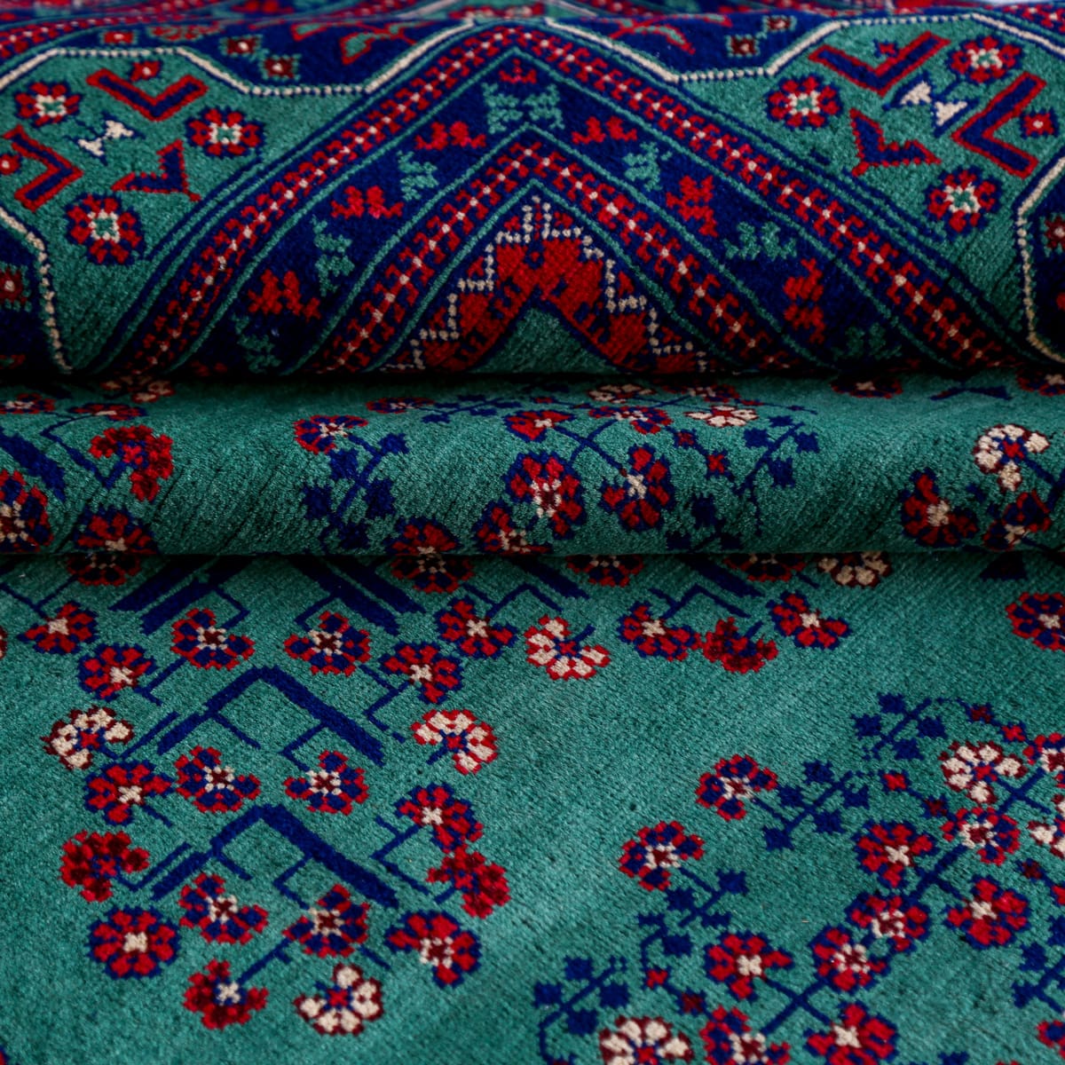 Handwoven Afghani Wool Carpet – Green Geometric Design | 11.4 x 6.6 ft 1