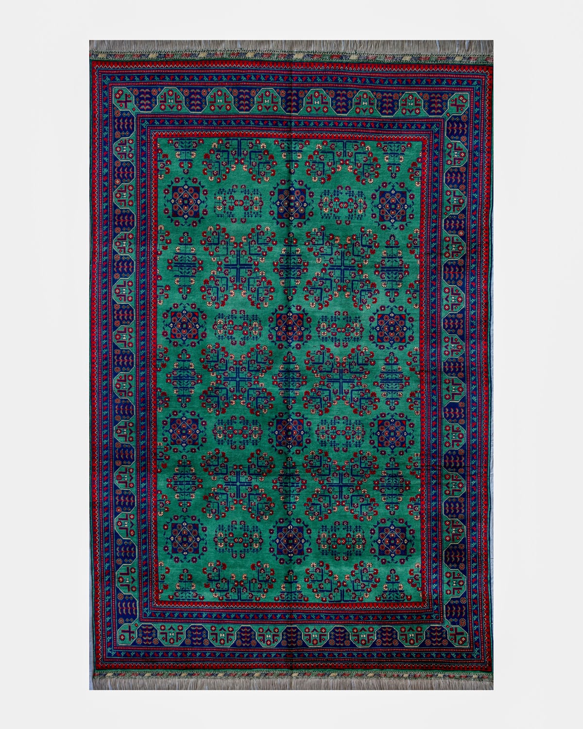 Handwoven Afghani Wool Carpet – Green Geometric Design | 11.4 x 6.6 ft 5