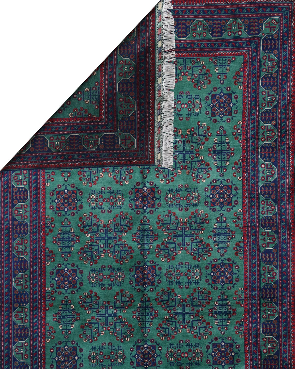 Handwoven Afghani Wool Carpet – Green Geometric Design | 11.4 x 6.6 ft 2
