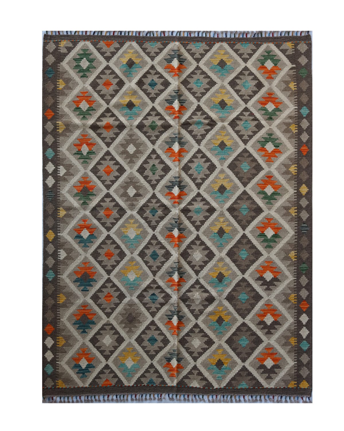 Handwoven Afghani Kilim Wool Rug – Earth Tone Diamond Pattern | 7.5 x 5.1 ft 3