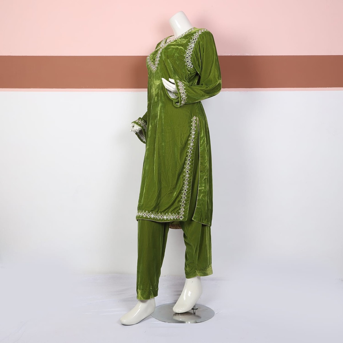 Olive Green Velvet Embroidered Traditional Dress 1