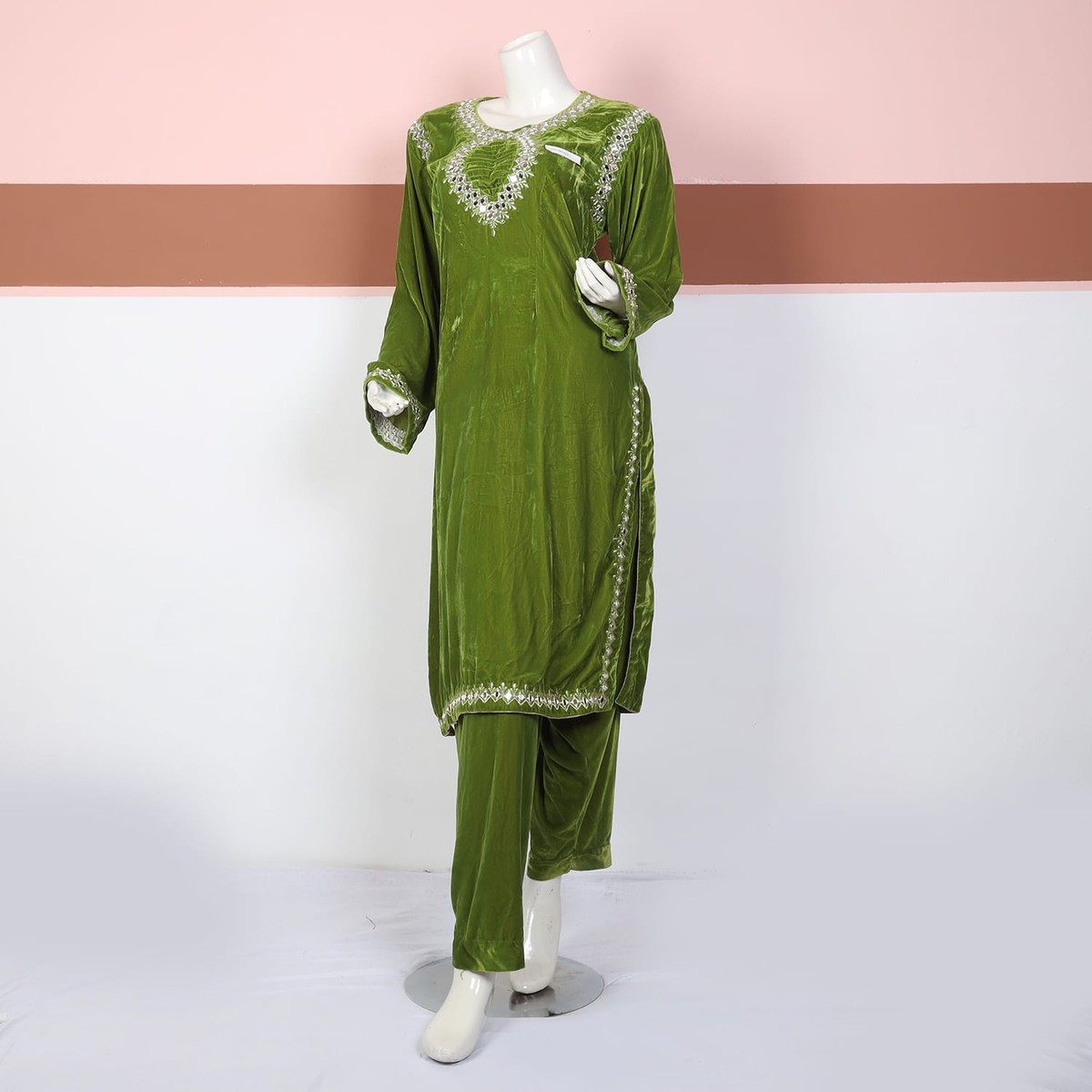 Olive Green Velvet Embroidered Traditional Dress 2