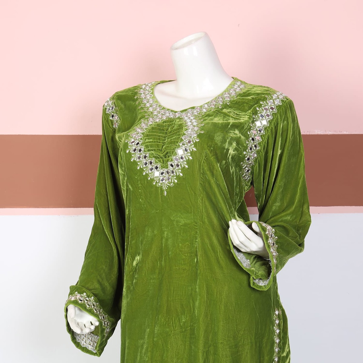 Olive Green Velvet Embroidered Traditional Dress 3