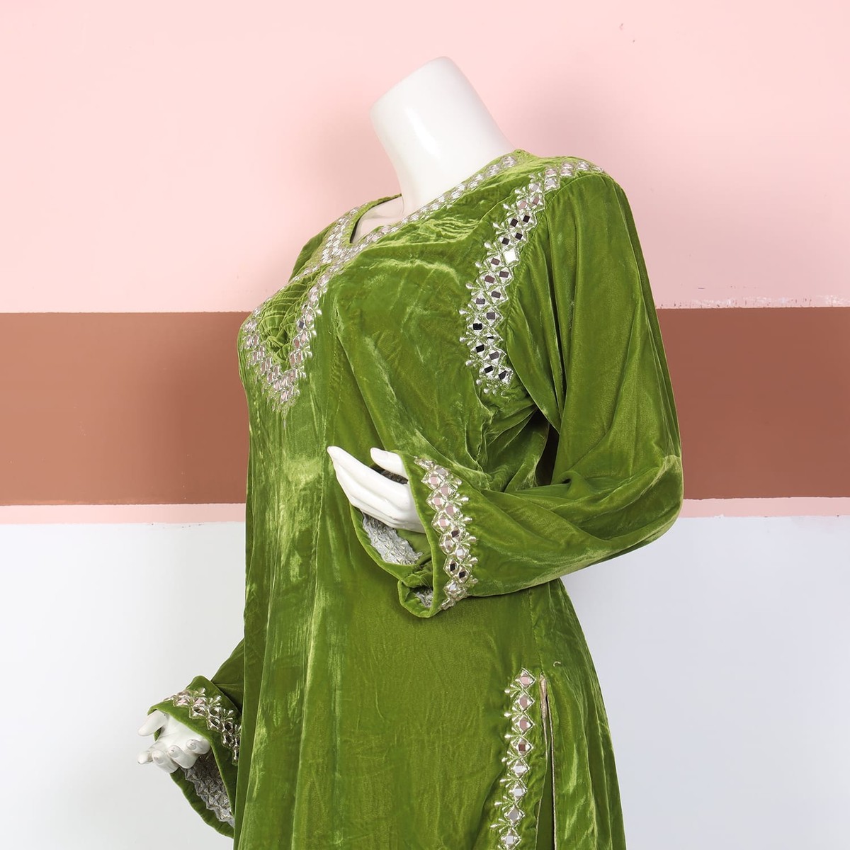 Olive Green Velvet Embroidered Traditional Dress 4