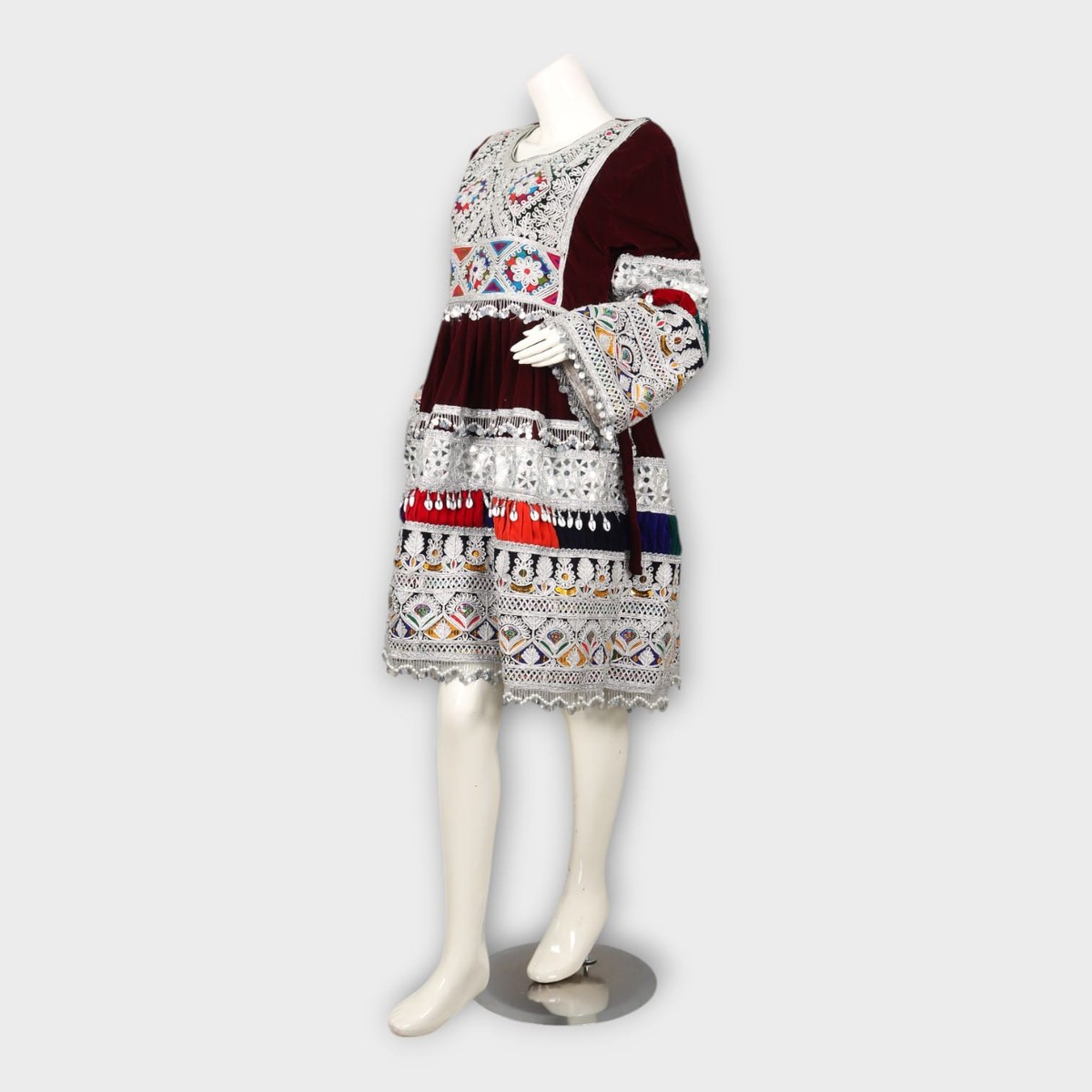 Short Maroon Afghani Embroidered Dress 1