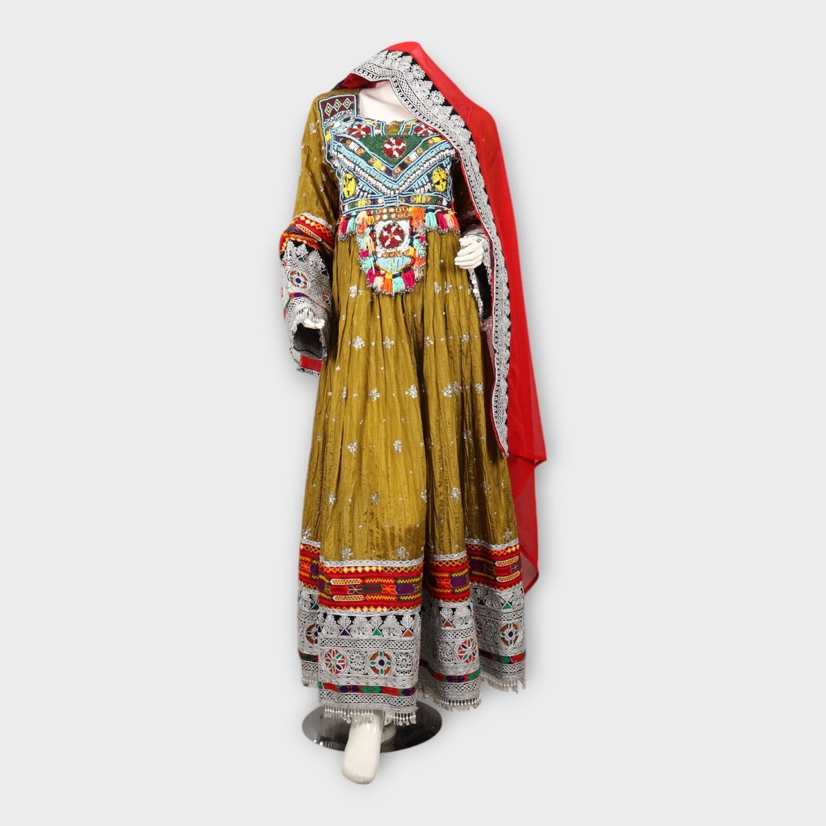 Golden Traditional Afghani Dress with Red Dupatta 3