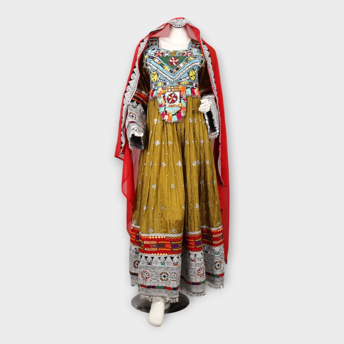 Golden Traditional Afghani Dress with Red Dupatta 1