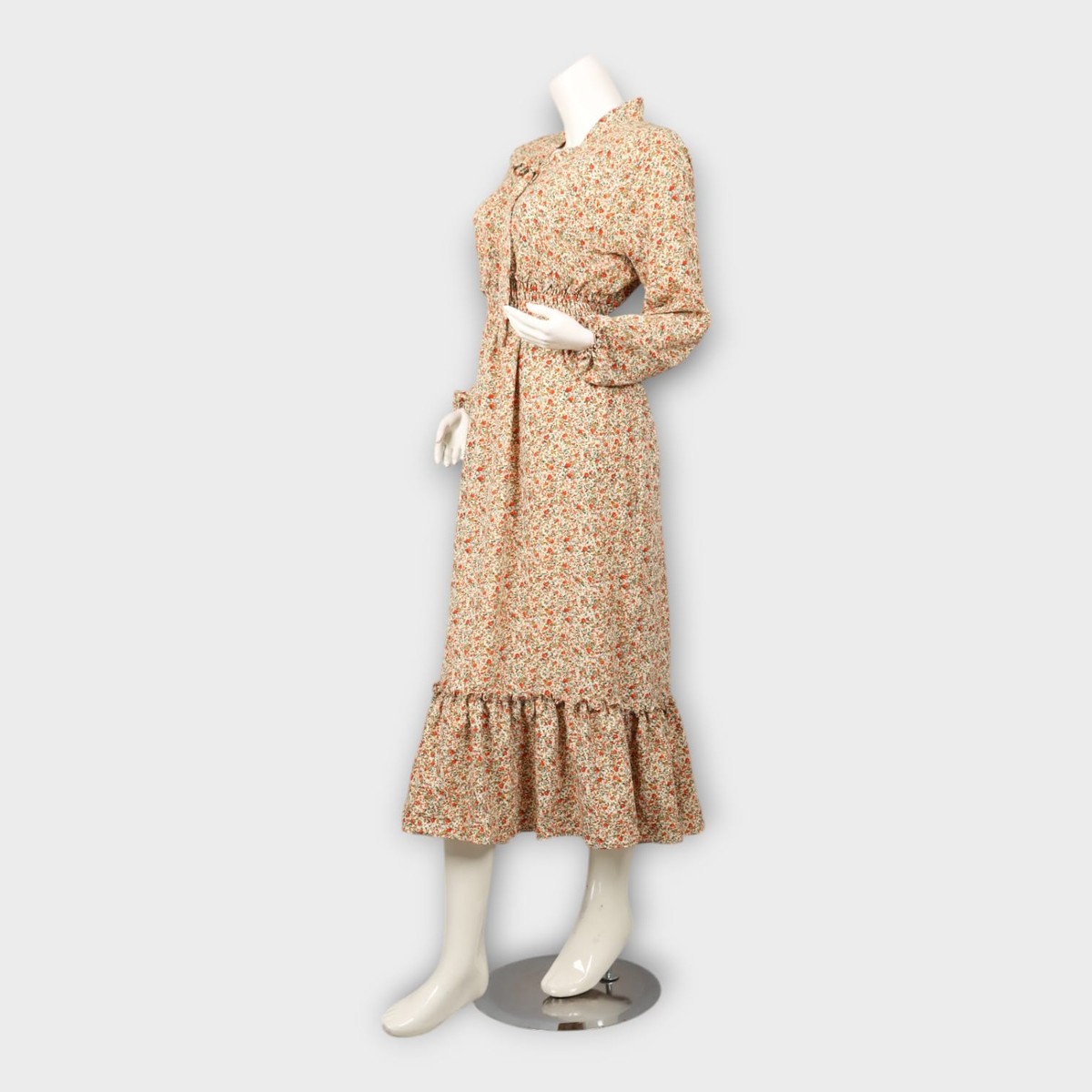 Floral Beige Modest Ruffle Dress 2