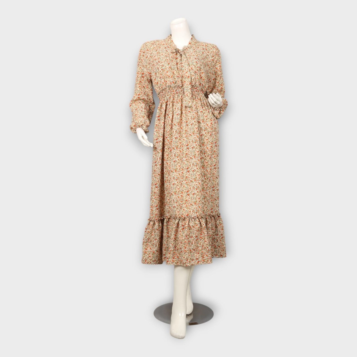 Floral Beige Modest Ruffle Dress 1