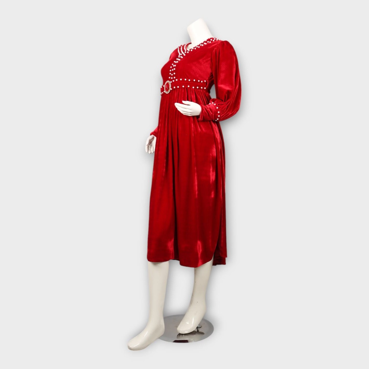 Elegant Red Velvet Dress with Pearl Detailing 5