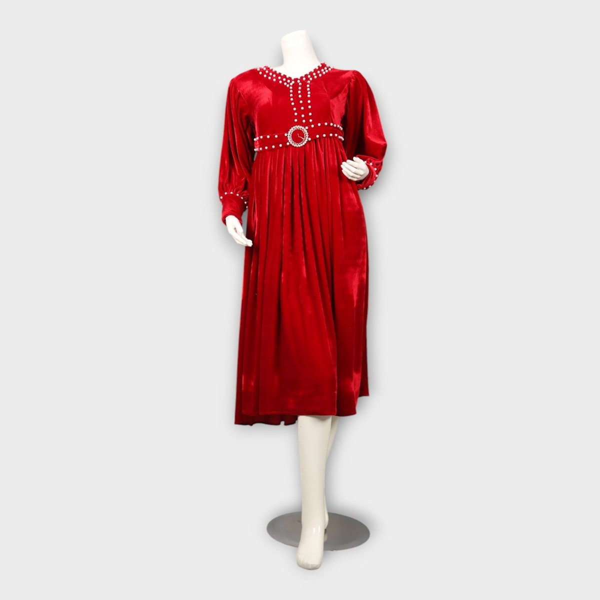 Elegant Red Velvet Dress with Pearl Detailing 2